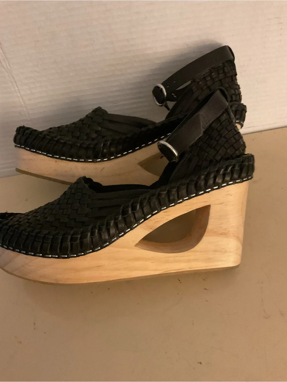 Free People women Black leather Woven Ankle-Strap Platform Wedges sandals US 8